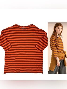 Gudrun Sjoden Flowers Dots & Stripes Orange Shirt Top Lagenlook Organic Cotton L